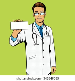 Doctor holding medicine box pop art vector illustration. Comic book imitation.