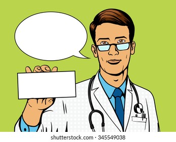 Doctor holding medicine box pop art vector illustration. Comic book imitation.