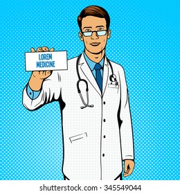 Doctor holding medicine box pop art vector illustration. Comic book imitation.