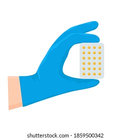A doctor holding a medicine in a medical glove. concept of treatment and prevention of covid 19.Vector illustration isolated on white background