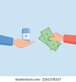 Doctor holding medicine to a patient. Buy medicine flat vector illustration