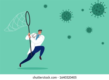 A doctor holding a net to catch the coronavirus.Concept of Corona virus prevention.Vector flat illustration.