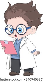 the doctor is holding the patient's data for examination, facial expression is surprised and thinking, cartoon flat illustration