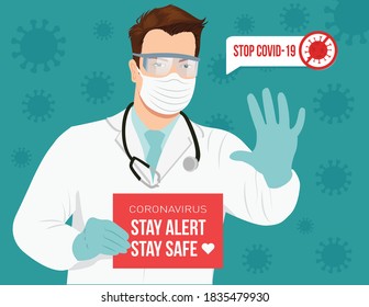 Doctor holding poster requesting people avoid Coronavirus illustration vector Doctor showing hands in stop gesture. Doctor says stop to coronavirus spreading COVID-19 Infection control concept. Advice