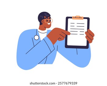 Doctor holding prescription document on clipboard. Medical practitioner, health advice, professional consultation. Physician and test result. Flat vector illustration isolated on white background