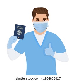 Doctor holding red global immunity passport. Traveling during outbreak of coronavirus epidemic. Vector illustration. 
