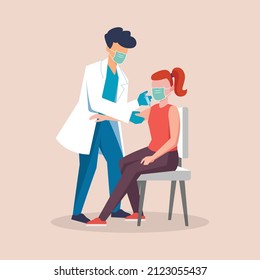 Doctor holding right hand his patient before make injection to patient in medical mask. Covid-19 or coronavirus vaccine. Colored flat graphic vector illustration.