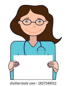 Doctor holding a sheet of paper on a white background