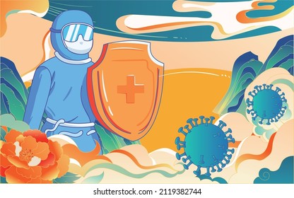 Doctor holding shield against virus with mountains and clouds in the background, vector illustration