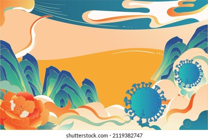 Doctor Holding Shield Against Virus With Mountains And Clouds In The Background, Vector Illustration