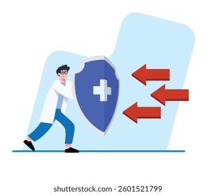 Doctor holding shield is protecting himself from arrows representing health protection and immune system Perfect for medical and insurance presentations