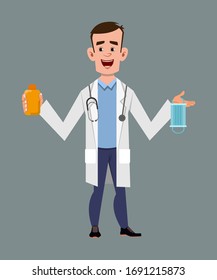 doctor holding and showing sanitizer gel bottle and face mask. Doctor professional cartoon character