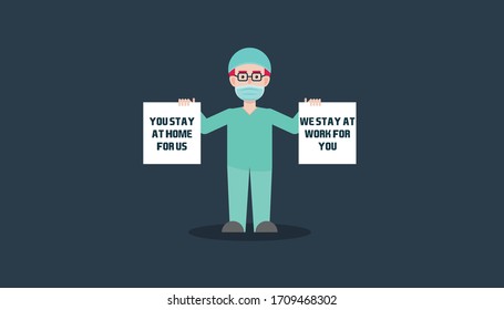 doctor holding Signboards of staying at home, doctors stay at work