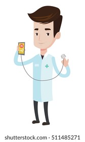 Doctor holding smartphone with application for measuring heart rate pulse. Caucasian doctor showing app for checking heart rate pulse. Vector flat design illustration isolated on white background.