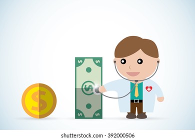 doctor holding stethoscope to check money health, business concept