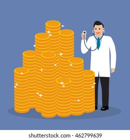 Doctor holding stethoscope for financial checkup. Business concept
