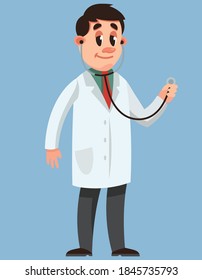 Doctor holding stethoscope. Male character in cartoon style.