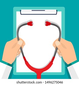 Doctor holding stethoscope with medical clipboard. Medical background. Vector illustration.