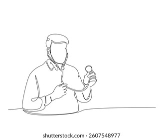 Doctor holding stethoscope simple outline illustration. Continuous line drawing of male doctor.