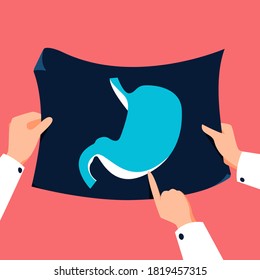 Doctor Holding Stomach Xray Vector Illustration. Medical Checkup Banner In Flat Cartoon Style.. Healthcare Background.