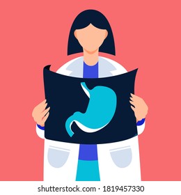 Doctor Holding Stomach Xray Vector Illustration. Medical Checkup Banner In Flat Cartoon Style.. Healthcare Background.