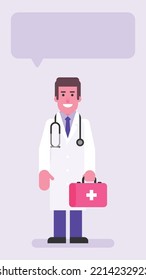 Doctor holding suitcase and smiling. Flat people. Vector illustration