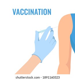 Doctor Holding A Syringe With Coronavirus Vaccine. Medical Shot For Covid-19, Rabies, Polio, Measles, Tetanus. Vaccination And Immunization Concept. Vector Illustration.