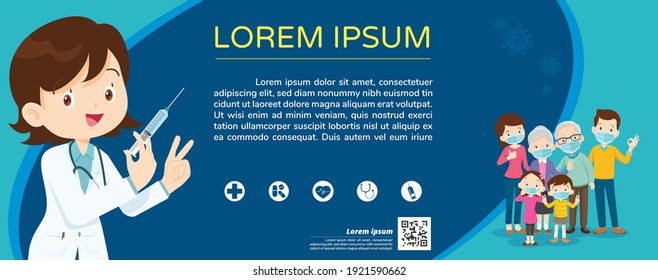Doctor Holding Syringe With Covid Vaccine And Family Wearing Protective Medical Mask For Prevent Virus.Dad Mom Daughter Son Wearing A Surgical Mask. Injection Vaccination Concept.