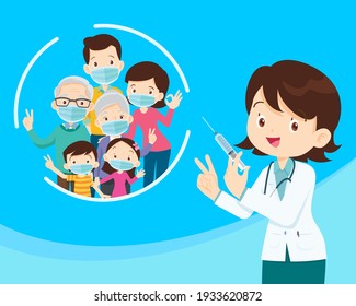 Doctor Holding Syringe With Covid Vaccine And Family Wearing Protective Medical Mask For Prevent Virus.Grandpa Grandma Dad Mom Daughter Son Wearing A Surgical Mask. Injection Vaccination Concept.