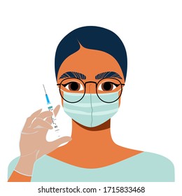 Doctor holding a syringe. Female cosmetology master with a syringe in her hand. Beauty industry and injection concept. Facial fillers, vitamin injections.