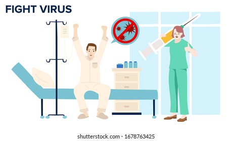 Doctor holding syringe and happy with results of a patient tested negative for COVID 19 or corona virus. Vector Illustration