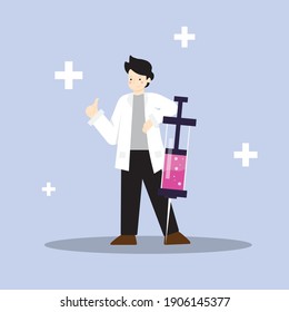 Doctor holding a syringe medical character vector illustration.