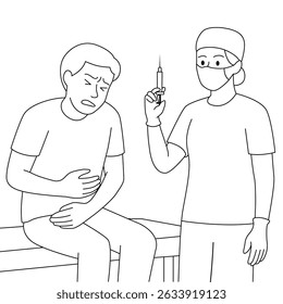 Doctor holding syringe preparing to inject male patient with stomach pain. Medical treatment concept. Line art vector illustration.
