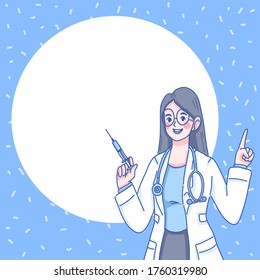 Doctor holding syringe is suggesting something character design of vector.