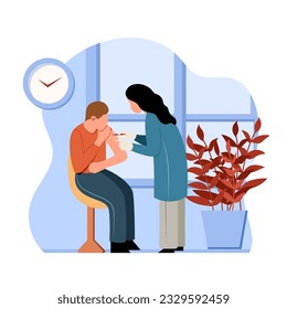 Doctor holding syringe with vaccine makes antiviral injection. Getting protection from diseases. Boosting immune system health. Time for making vaccines. Vector flat illustration in blue colors