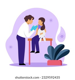 Doctor holding syringe with vaccine and vaccinates girl. Concept of protection from pandemic outbreak. Immunization schedule for kids. Vector flat illustration in purple colors