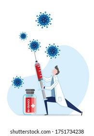Doctor holding a syringe with virus cure and a vaccine of covid - 19 during pandemic time. Stop Coronavirus with Covid - 19 Vaccine.