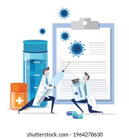 Doctor holding a syringe with virus cure and a vaccine of covid - 19 during pandemic time, and a doctor report at the back. Stop Coronavirus with Covid - 19 Vaccine.