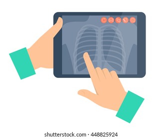 Médico segurando um tablet com radiografia pulmonar. Telemedicina, ilustração de conceito plano telessaúde. Mãos, imagem de raio-x do tórax. Elemento de design vetorial para medicina digital online infographic.