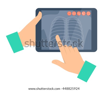Doctor holding a tablet computer with lung radiography. Telemedicine, telehealth flat concept illustration. Hands, chest x-ray image. Vector design element for digital online medicine infographic.