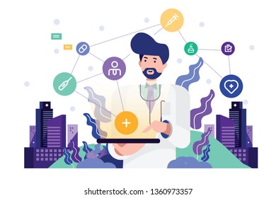 Doctor holding tablet with data graphics. Technology Innovation and medicine concept. flat design vector illustration