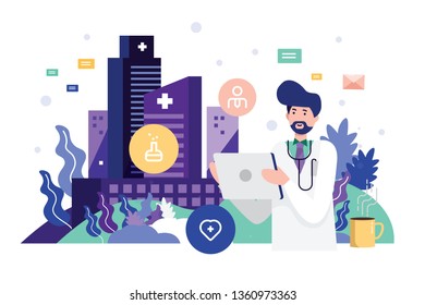 Doctor holding tablet with data graphics. Technology Innovation and medicine concept. flat design vector illustration