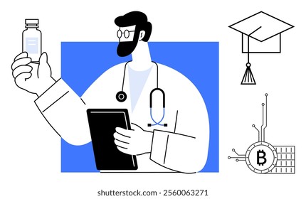 Doctor holding a tablet and medicine bottle, stethoscope around neck. Blue background. Graduation cap and Bitcoin symbol. Ideal for healthcare, technology, education, cryptocurrency, innovation