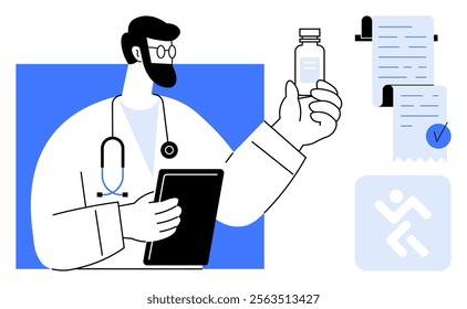 Doctor holding a tablet and a medicine vial while reviewing a prescription. Ideal for healthcare, medical, doctor consultation, prescription management, and telemedicine themes. Simple line style