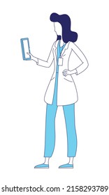 Carácter vector de color semiplano del comprimido que sostiene el doctor. Figura permanente. Persona de cuerpo entero sobre blanco. Trabajador médico simple ilustración de estilo de caricatura para diseño gráfico web y animación