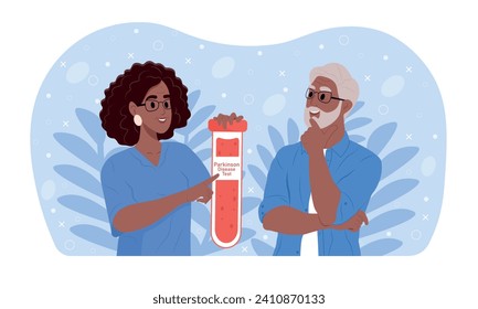 Doctor holding a test blood sample tube for Parkinson Disease test . World Parkinson's disease day. A doctor informs an elderly man about Parkinson's disease. Parkinson's Disease awareness month.