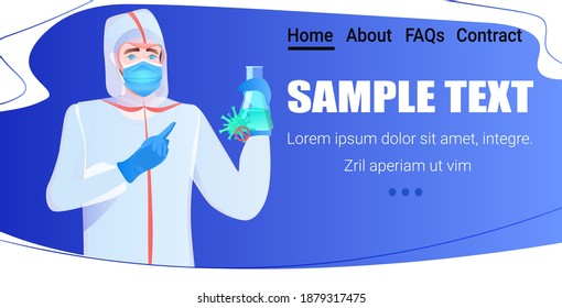 doctor holding test tube with coronavirus cells sample vaccine development fight against covid-19 concept horizontal copy space vector illustration