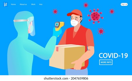 Doctor holding thermometer to measure body. Temperature check. Mask on the face. Coronavirus prevention. Epidemic 2019-ncov. delivery man. shopping online. Vector illustration flat design.