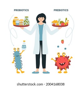 Doctor holding trays of probiotics and prebiotics. Healthy food for the intestines. Beneficial bacteria characters. Gastroenterologist shows fermented foods. Microorganisms for healthy digestion