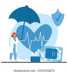 A doctor holding an umbrella over a heart and pills. Comprehensive health protection, medication support, and patient care in medical practices.